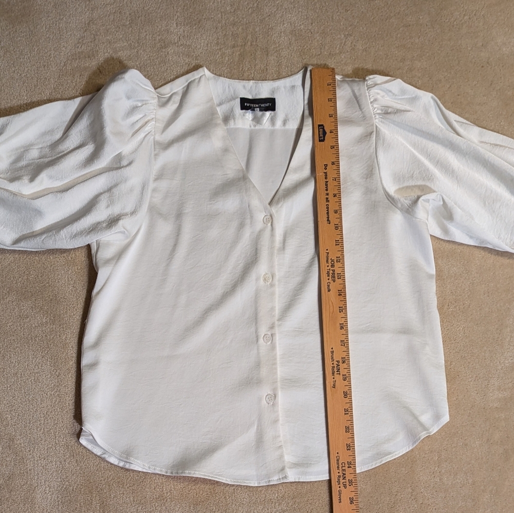 Women's Fifteen Twenty Cream Satin Blouse, V-Neck, Puff Sleeve| Size M - Picture 6 of 10